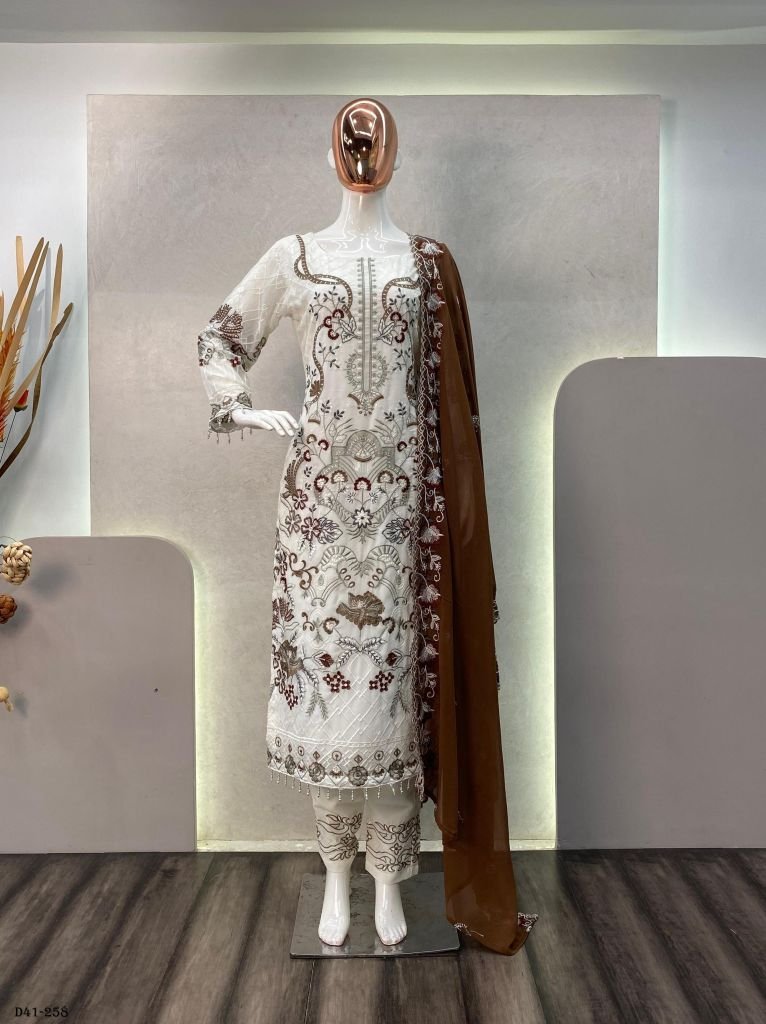 designer faux georgette kurti 1718434183 Designer Faux Georgette Kurti Pant Set With Cotton Thread Embroidery