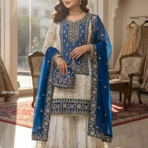 Designer Faux Georgette Kurti Sharara Set with Sequins And Zari Embroidery Dupatta