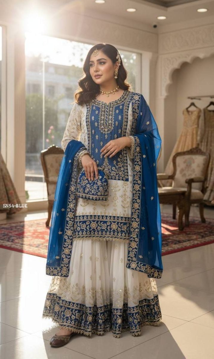 designer faux georgette kurti 1772530351 Designer Faux Georgette Kurti Sharara Set with Sequins And Zari Embroidery Dupatta