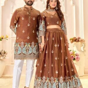 Designer Fendi Silk Lehenga With Mens Kurta Couple Matching Outfit