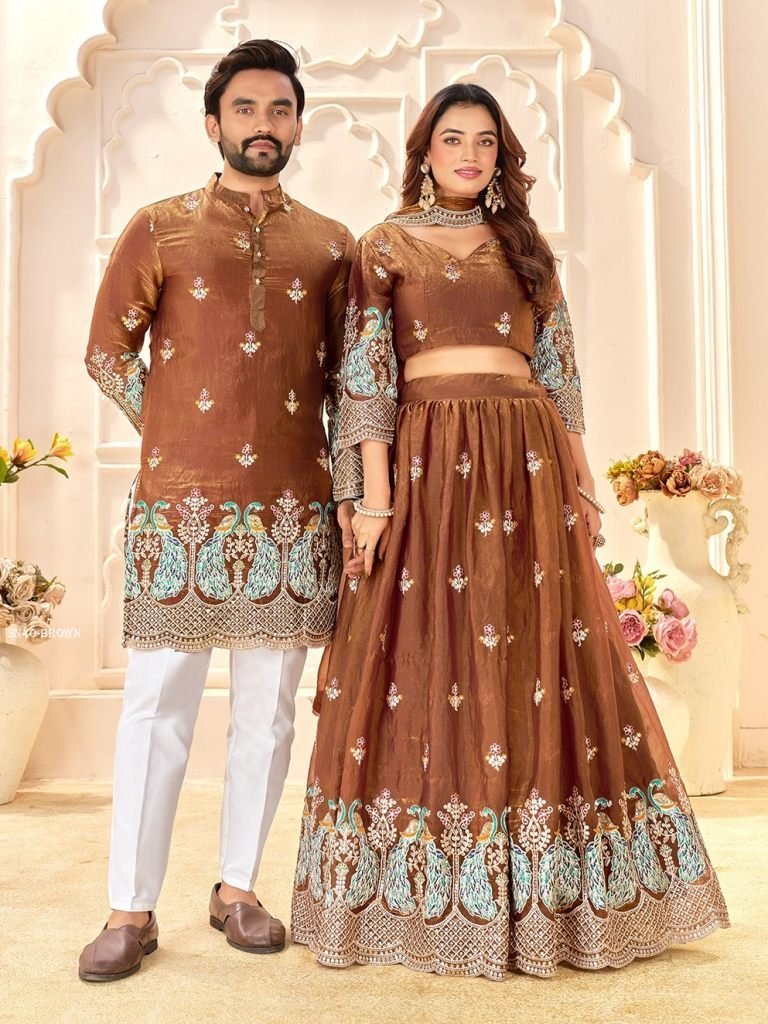 designer fendi silk lehenga wi 1763382629 Designer Fendi Silk Lehenga With Mens Kurta Couple Matching Outfit