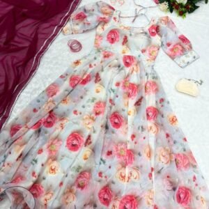 Designer Floral Gown with Matching Dupatta
