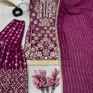 Designer Georgette Purple Suit Dupatta and Stitched Gharara