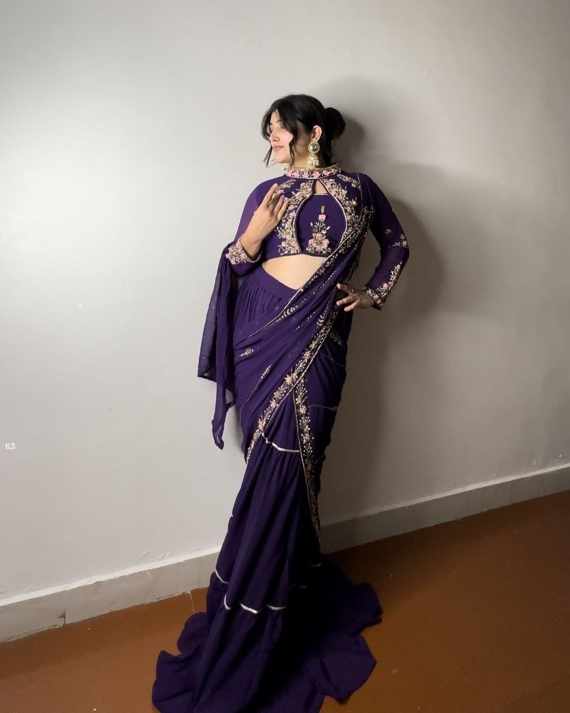 designer georgette ready to we 1733822419 Purple Designer Georgette Ready To Wear Saree With Blouse