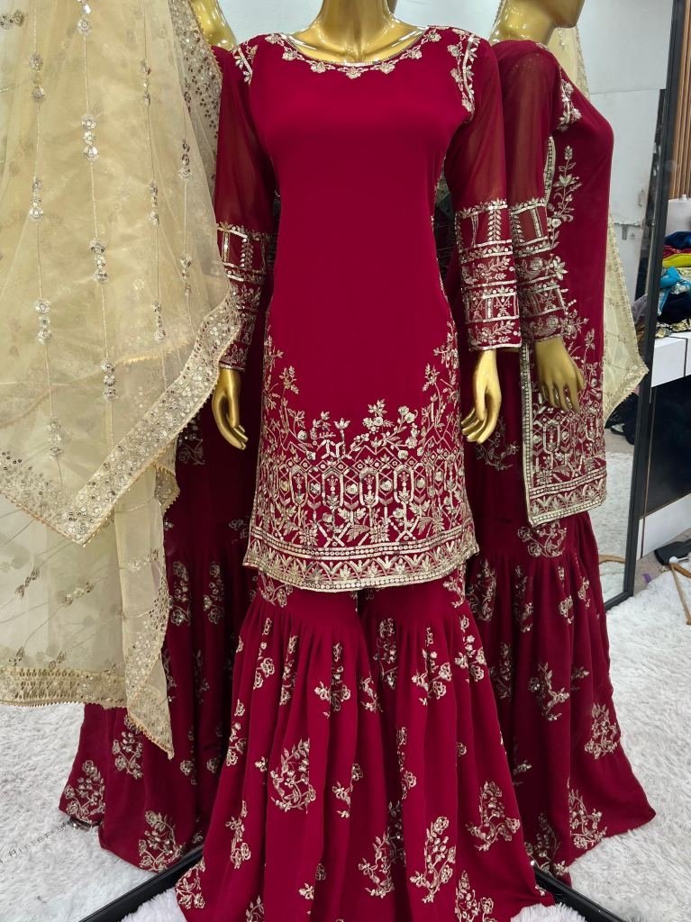 designer georgette readymade p 1734771020 Designer Georgette Readymade Pakistani Sharara Plazzo Suits With Jimmy Choo Dupatta