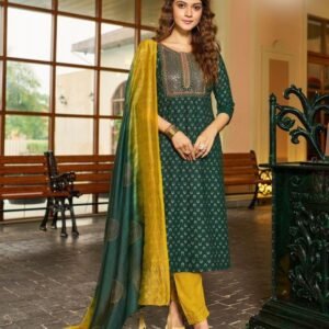 Designer Green Golden Zari Print Rayon Kurtis Set With Fancy Dupatta