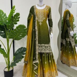 Designer Green Two Shaded Heavy Sharara Set With Chinon Fabric
