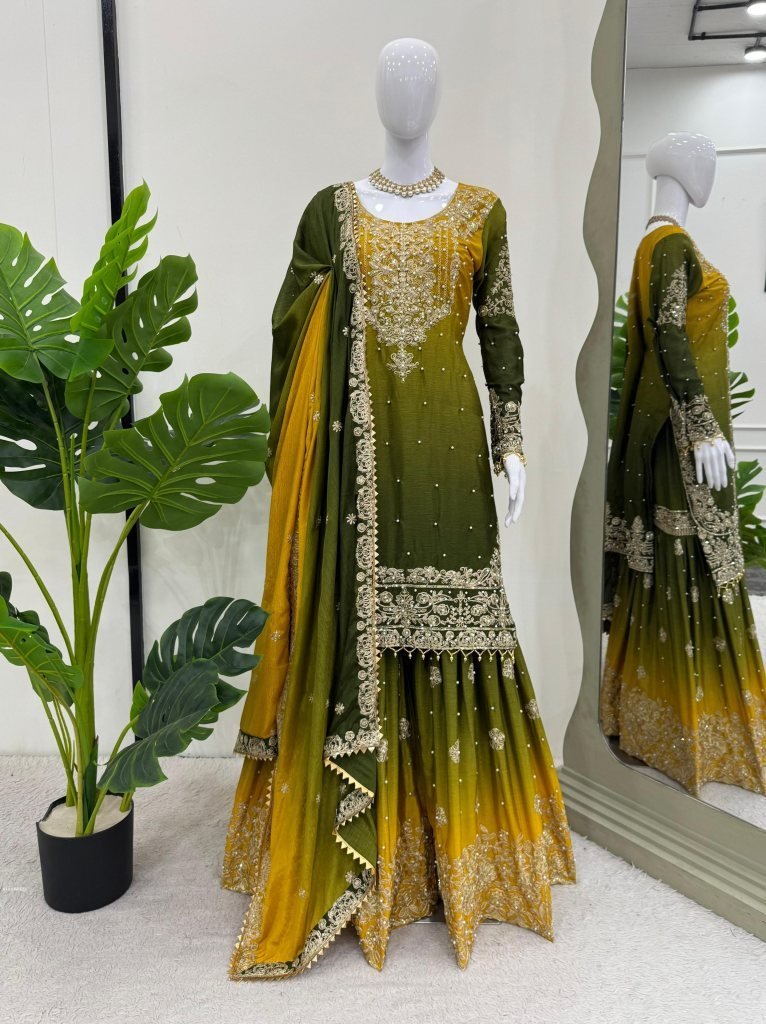 designer green two shaded heav 1740655542 Designer Green Two Shaded Heavy Sharara Set With Chinon Fabric