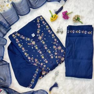 Designer Hand Work Muslin Kurti Pant Set With Dupatta