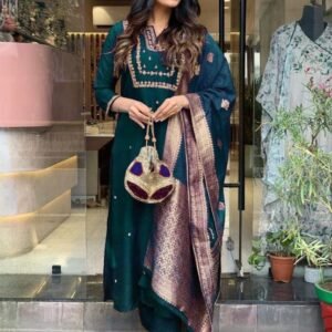 Designer Heavy Cording Work Silk Kurtis Three Piece Kurtis