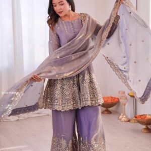 Designer Lavender Silk Palazzo Suit With Dupatta