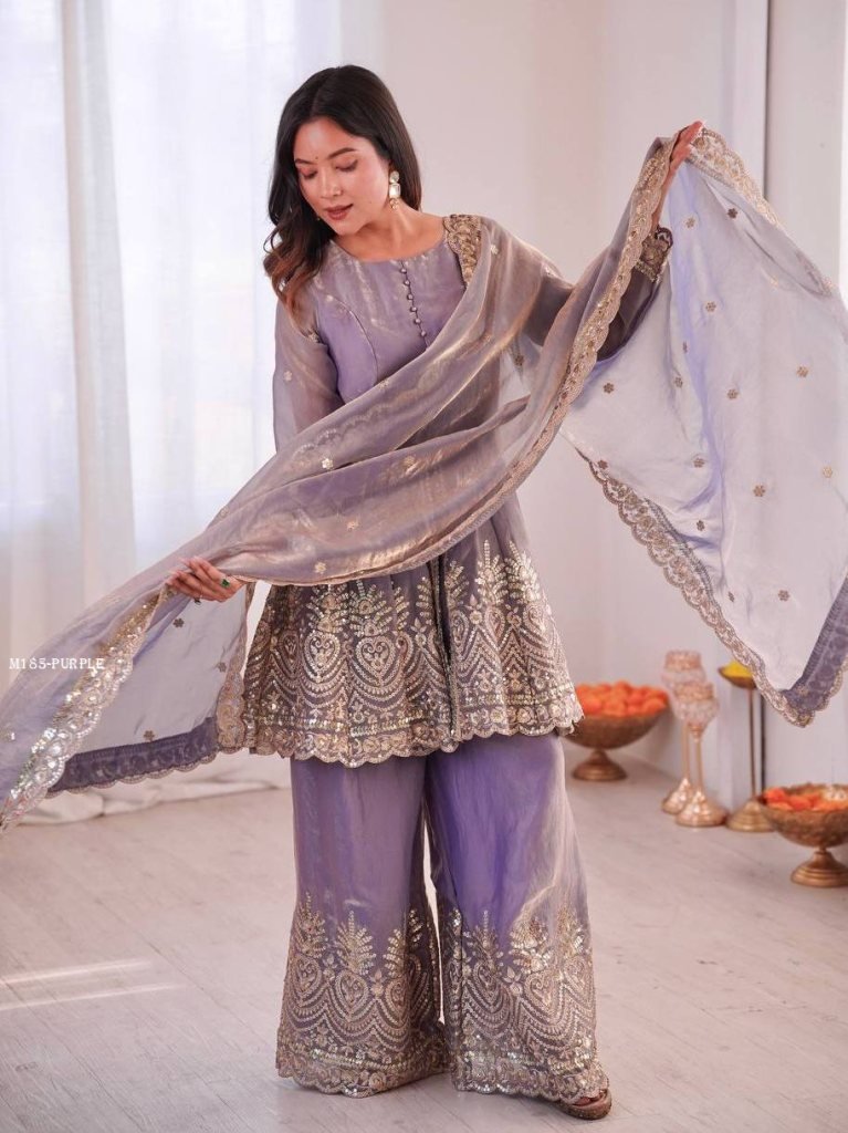 designer lavender silk palazzo 1767863001 Designer Lavender Silk Palazzo Suit With Dupatta