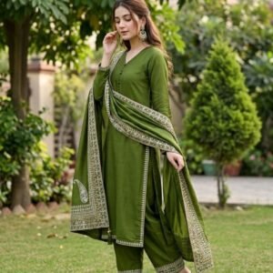 Designer Mehendi Green Roman Silk Pakistani Palazzo Suit