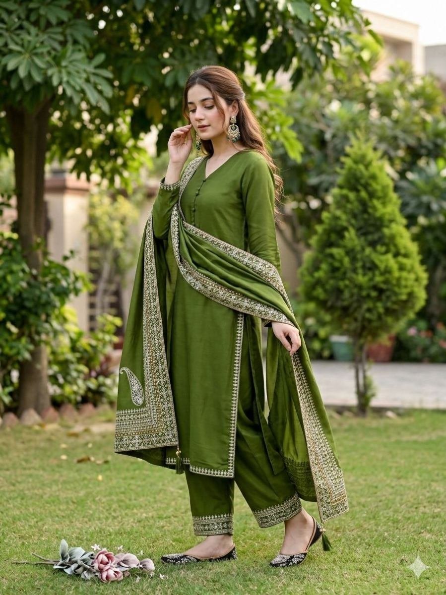 designer mehendi green roman s 1773047865 Designer Mehendi Green Roman Silk Pakistani Palazzo Suit