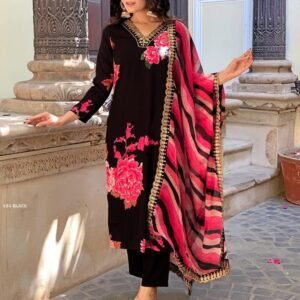 Designer Muslin Black Floral Print Kurti Pant With Dupatta Set