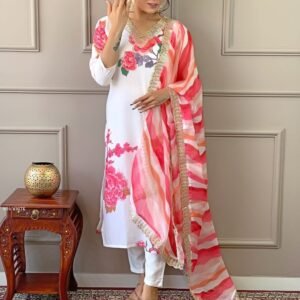 Designer Muslin Off White Floral Print Kurti Pant With Dupatta Set