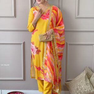 Designer Muslin Yellow Floral Print Kurti Pant With Dupatta Set