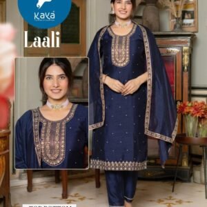 Designer Navy Blue Straight Cut Vichitra Silk Kurtis With Dupatta