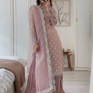 Designer Party Wear Dusty Pink Georgette Kurti Palazzo Set