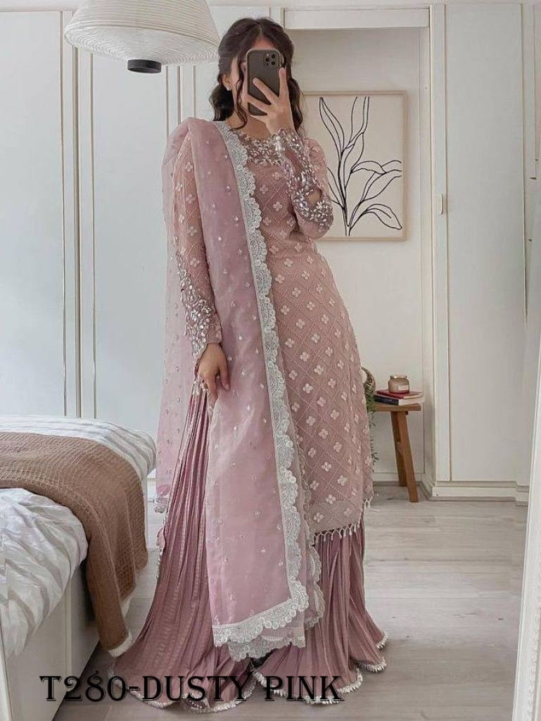 designer party wear dusty pink 1722488926 Designer Party Wear Dusty Pink Georgette Kurti Palazzo Set