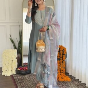 Designer Party Wear Embroidered Straight Kurti Pant Pair