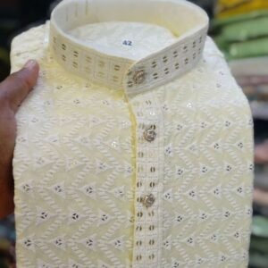 Designer Pastal Yellow 7 MM Sequence Work Rayon Kurta Set For Groom