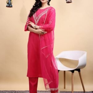 Cotton Blend Kurti Pant Set With Net Dupatta