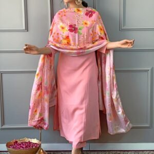 Designer Pink Embroidered Work And Printed Stitched Kurtis Pant Pair