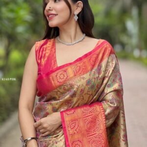 Designer Pink Silk Sarees And Blouse Zari Weaves All Over