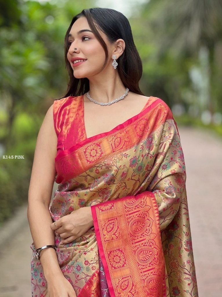 designer pink silk sarees and 1740559903 Designer Pink Silk Sarees And Blouse Zari Weaves All Over
