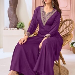 Designer Purple Neck Embroidered Plazzo Cord Set