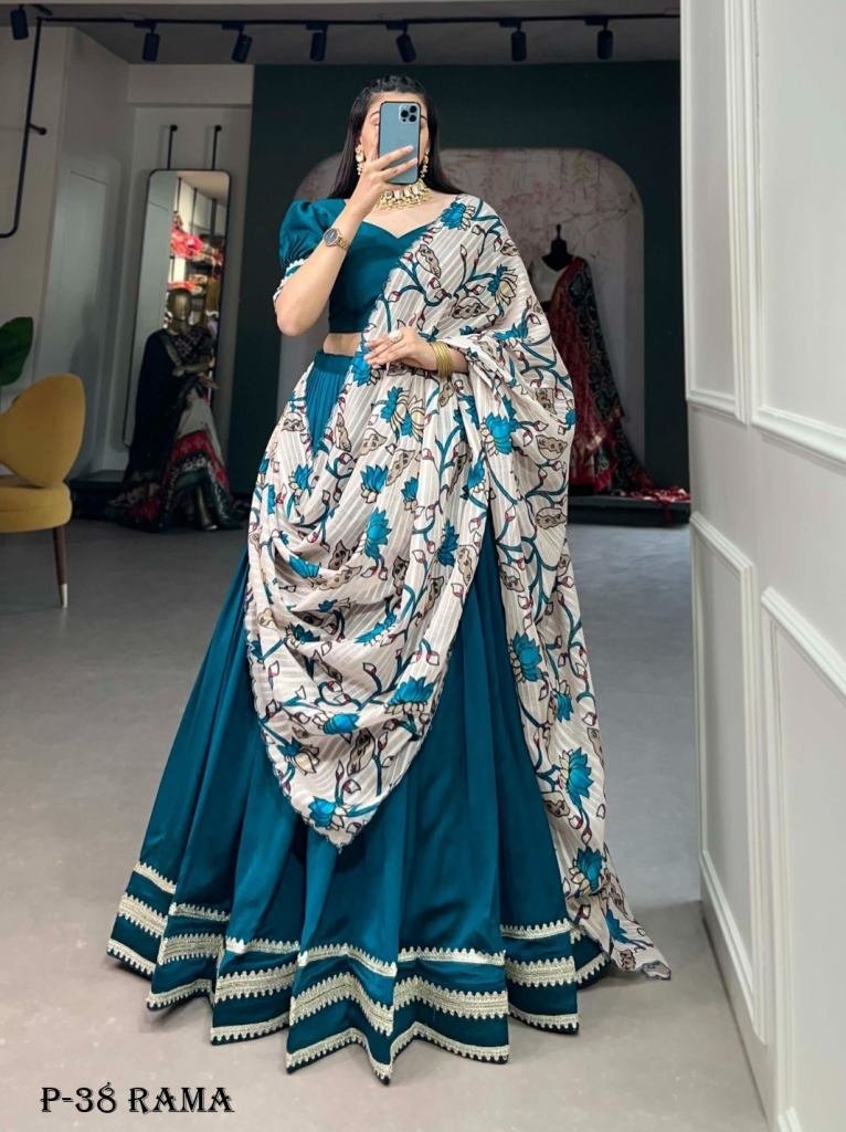 designer rama lehenga choli wi 1718447353 Designer Rama Lehenga Choli With Printed Dupatta
