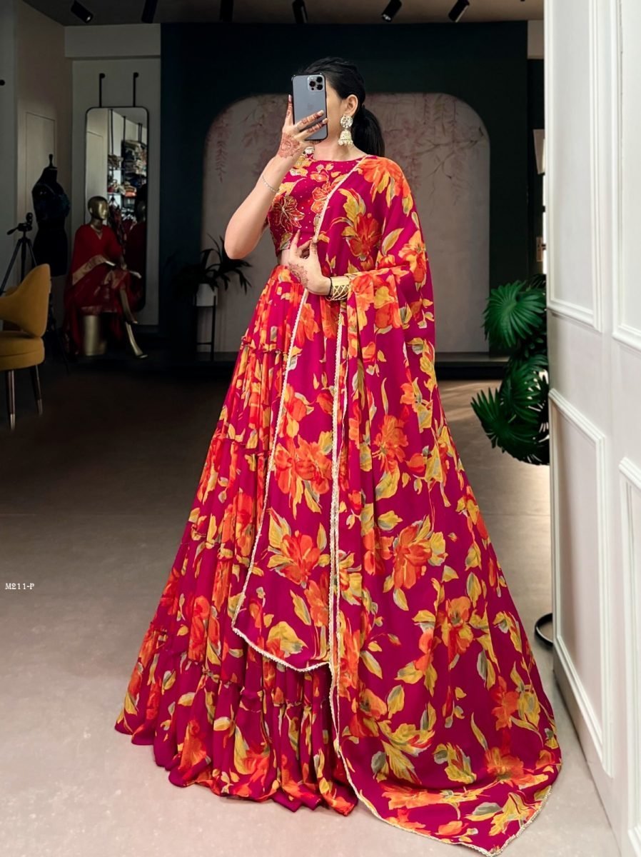 designer rani pink floral prin 1771836775 Designer Rani Pink Floral Print Lehenga With Handwork Blouse