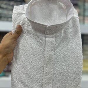 Designer Rayon Chikan Work White Kurta With Pyjama
