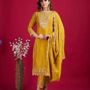 Designer Real Mirror And Khatli Work Chinon Silk Kurtis Set