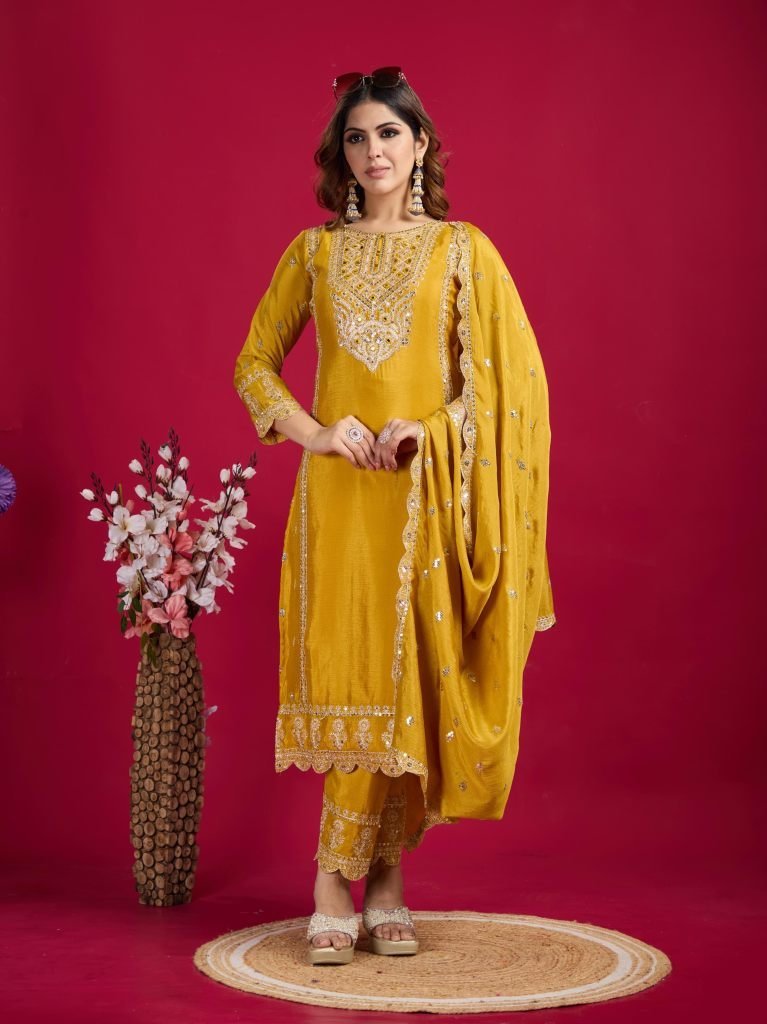 designer real mirror and khatl 1734516536 Designer Real Mirror And Khatli Work Chinon Silk Kurtis Set