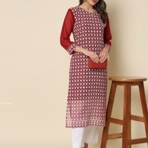 Designer Red Chikankari Embroidered Kurti Pant Set
