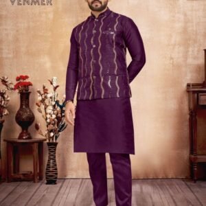 Designer Silk Wine Kurta And Pyjama With Koti