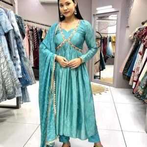 Designer Sky Blue Bandhani Chinon Alia Cut Gown