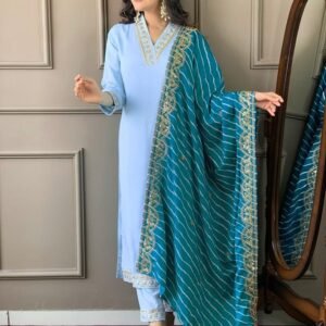 Designer Sky V Neck Embroidery Work Kurti Pant Dupatta Set