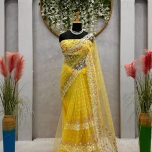 Designer soft net Yellow sequence work partywear saree