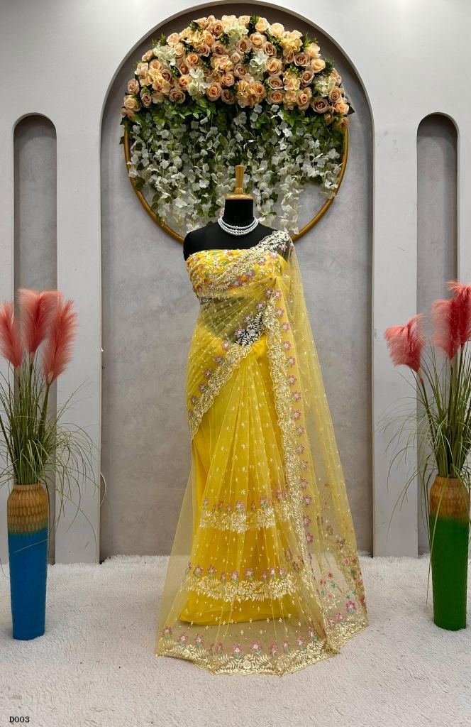 designer soft net yellow seque 1718433743 Designer soft net Yellow sequence work partywear saree
