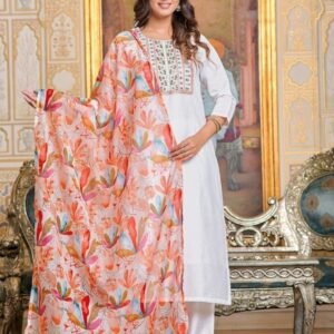 Designer Viscose Chanderi White Kurti Pant Set