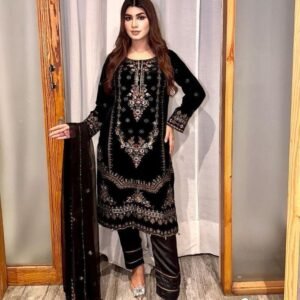 Designer Viscose Velvet Ready To Wear Black Kurti Pant Set