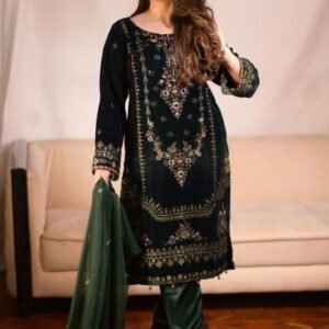 Designer Viscose Velvet Ready To Wear Green Kurti Pant Set