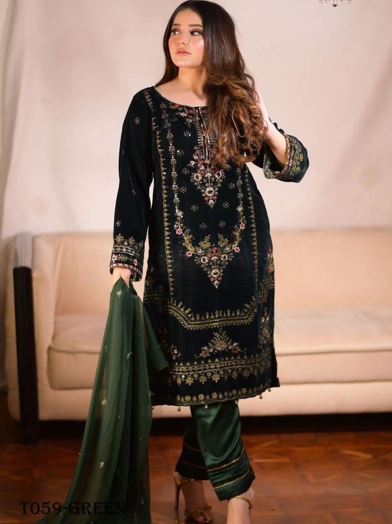 designer viscose velvet ready 1718196575 Designer Viscose Velvet Ready To Wear Green Kurti Pant Set
