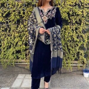 Designer Viscous Velvet Blue Suit Pant Set With Embroidery Work