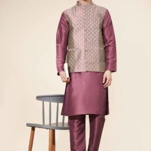 Designer Wedding Plain Pure Silk Kurta With Jacquard Koti Set