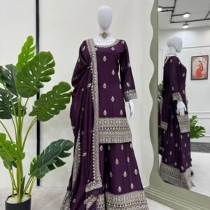 Designer Wedding Thread And Sequence Work Chinon Silk Top And Palazo Suits