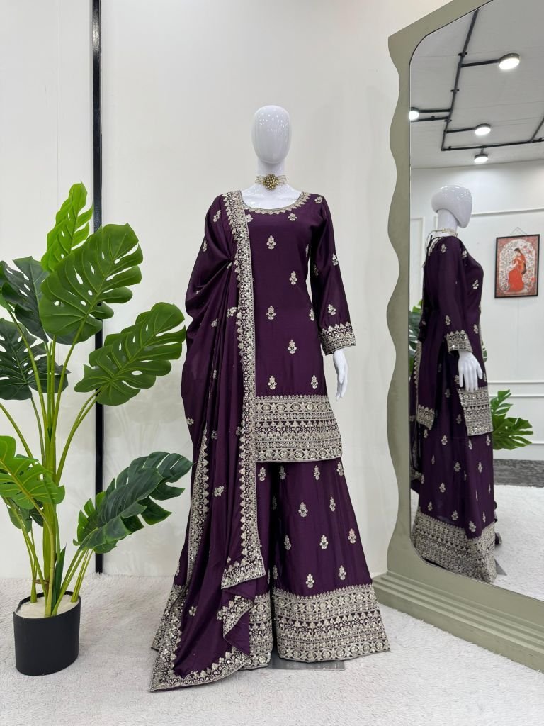 designer wedding thread and se 1733993669 Designer Wedding Thread And Sequence Work Chinon Silk Top And Palazo Suits